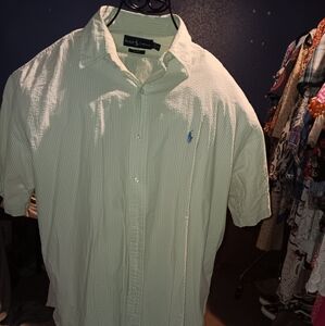 Euc Polo by Ralph Lauren Men's Green And White Seersucker Blake Shirt Sz XXL